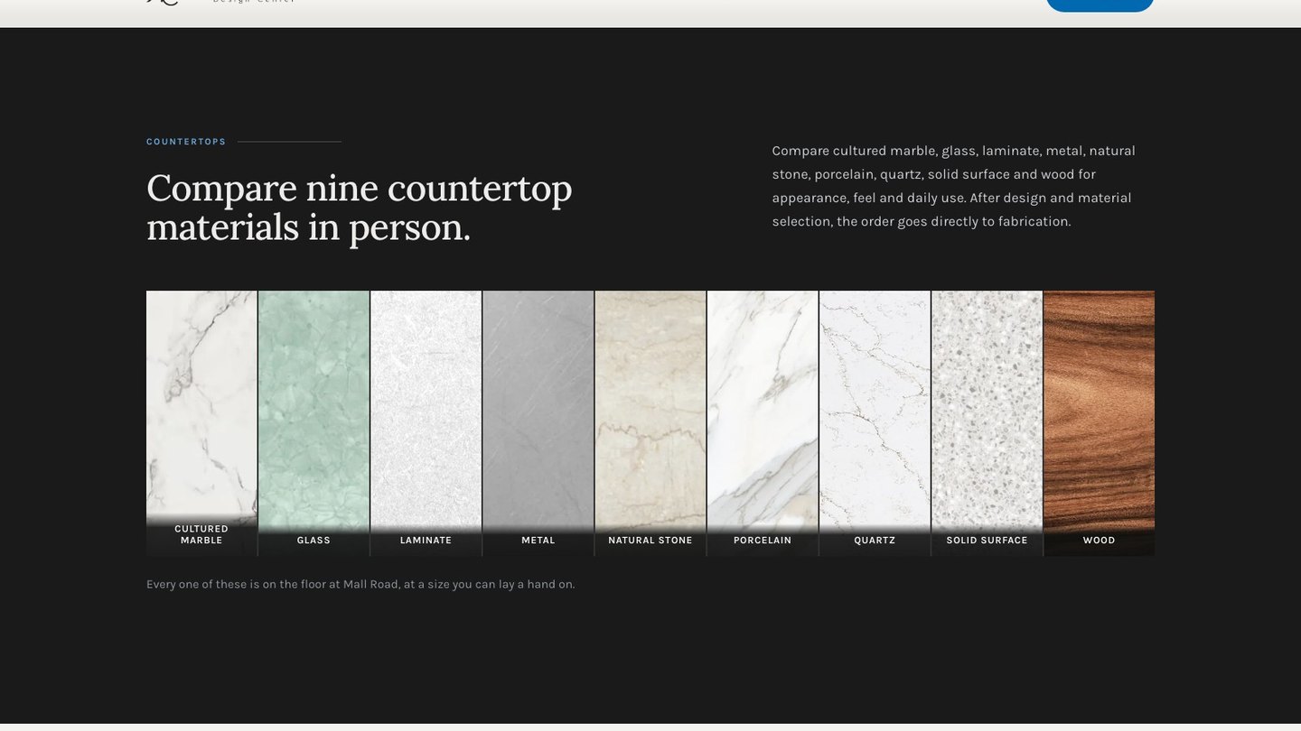 The countertop materials section of the new homepage