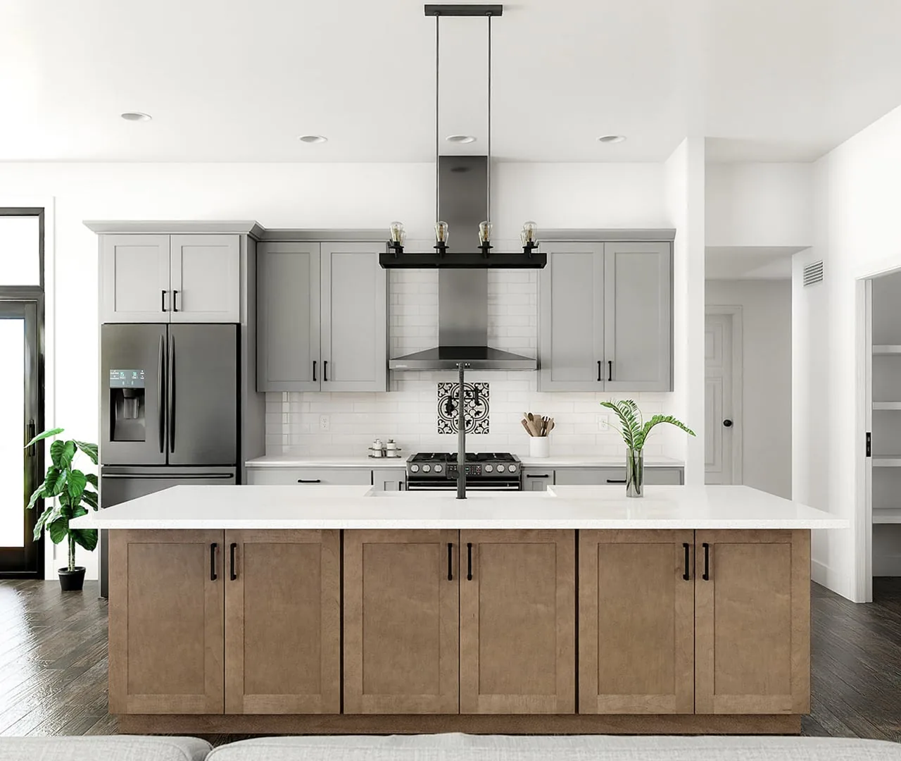 Stock kitchen cabinetry in a shaker door with a wood finish